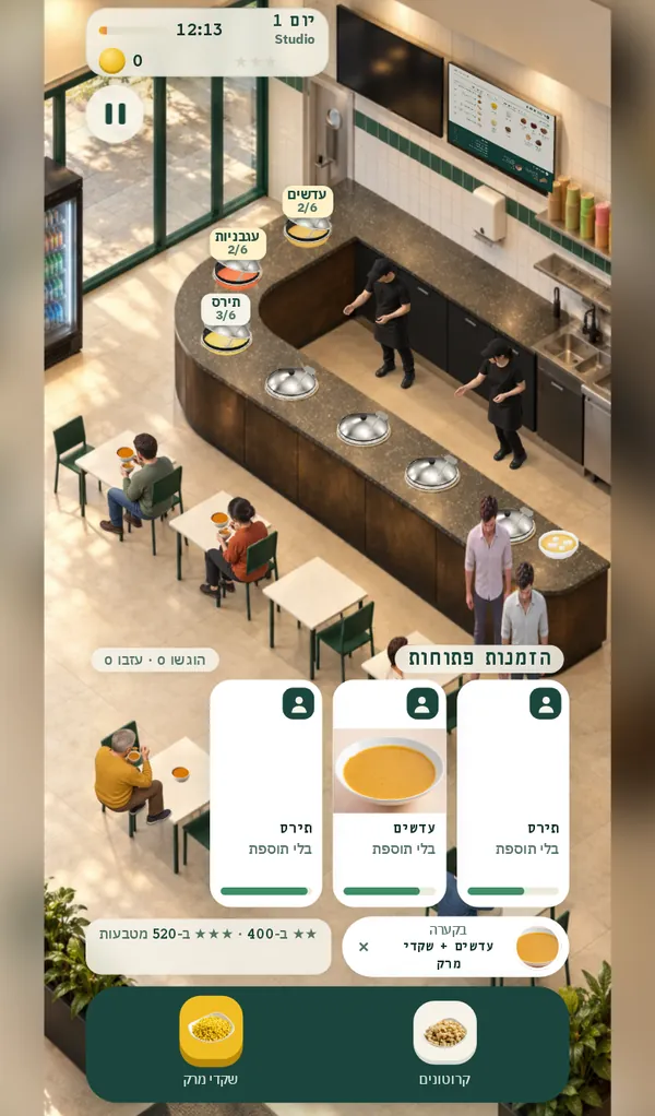 משחק הדפדפן של רק מרק: מטבח המסעדה מלמעלה, הזמנות פתוחות וקערת מרק בהכנה